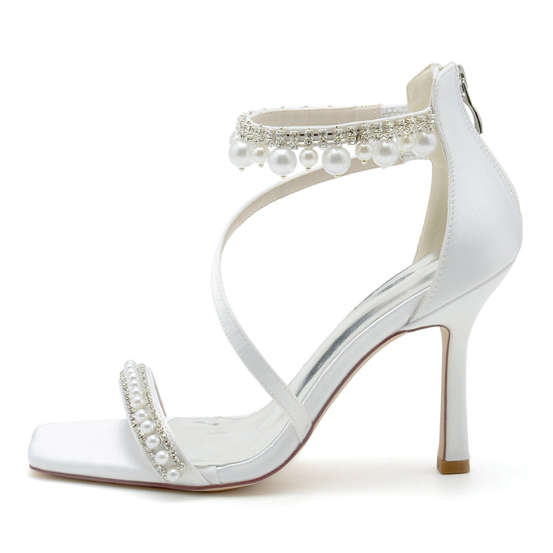 Bridal Shoes for Women with Peep Toe High Heel Crossed Straps Buckle and Pearl