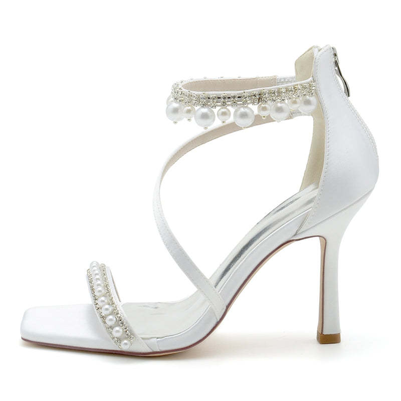 Bridal Shoes for Women with Peep Toe High Heel Crossed Straps Buckle and Pearl