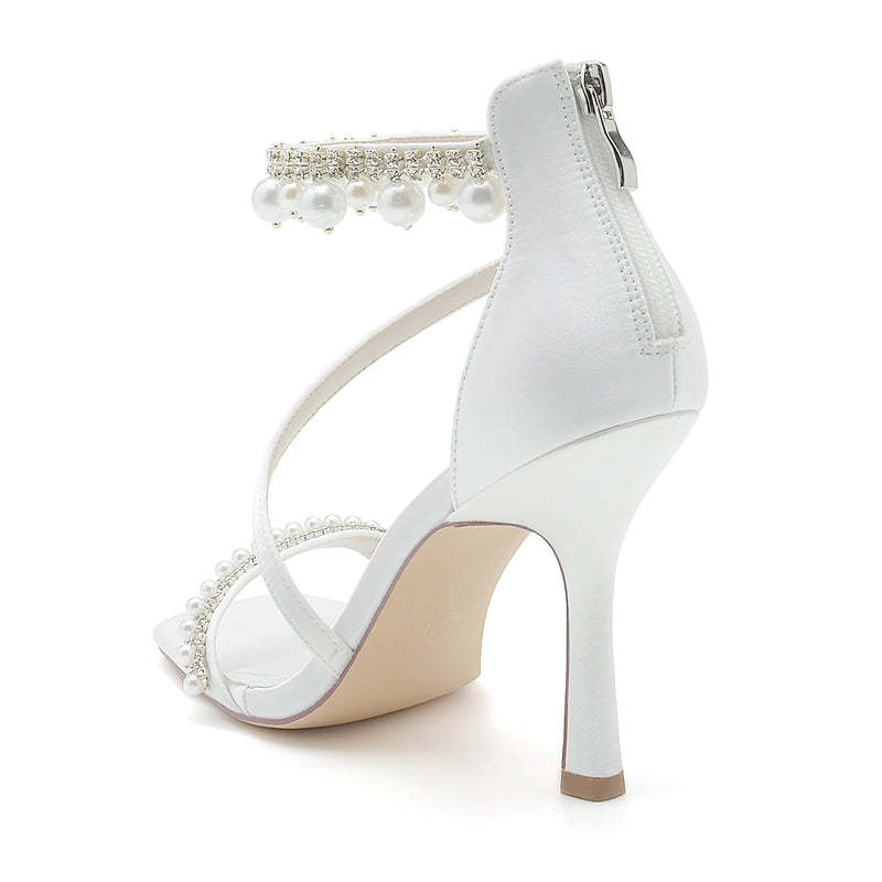 Bridal Shoes for Women with Peep Toe High Heel Crossed Straps Buckle and Pearl