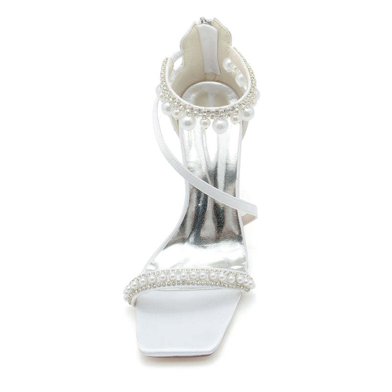 Bridal Shoes for Women with Peep Toe High Heel Crossed Straps Buckle and Pearl