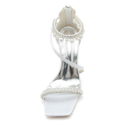 Bridal Shoes for Women with Peep Toe High Heel Crossed Straps Buckle and Pearl