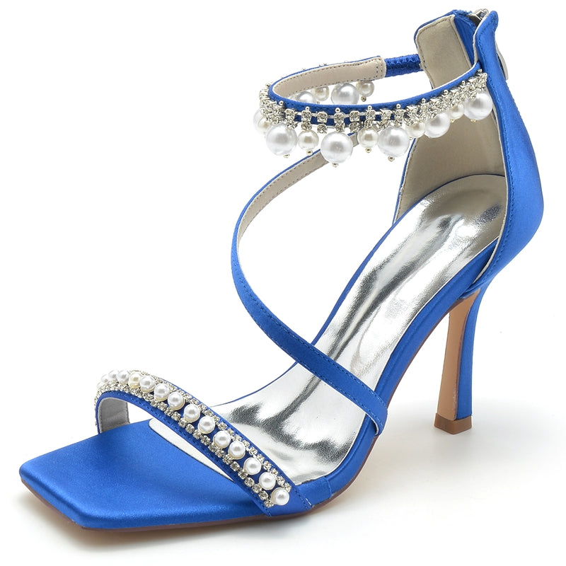 Bridal Shoes for Women with Peep Toe High Heel Crossed Straps Buckle and Pearl
