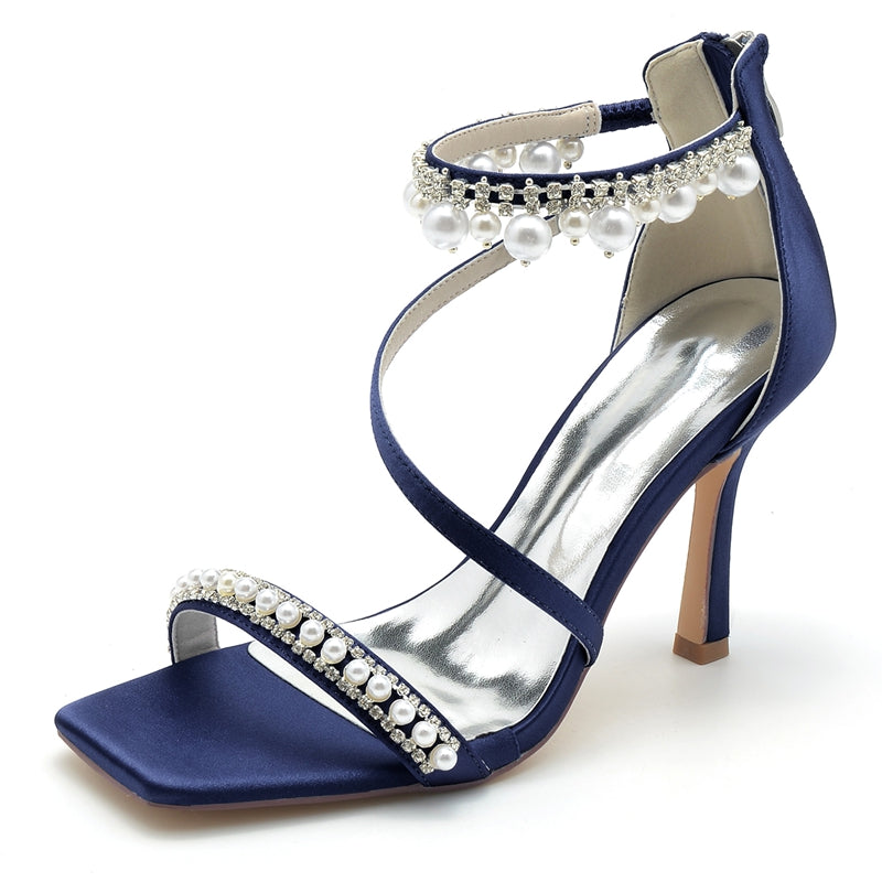 Bridal Shoes for Women with Peep Toe High Heel Crossed Straps Buckle and Pearl