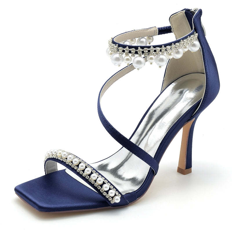 Bridal Shoes for Women with Peep Toe High Heel Crossed Straps Buckle and Pearl