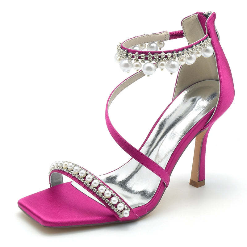 Bridal Shoes for Women with Peep Toe High Heel Crossed Straps Buckle and Pearl