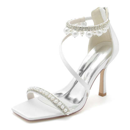 Bridal Shoes for Women with Peep Toe High Heel Crossed Straps Buckle and Pearl