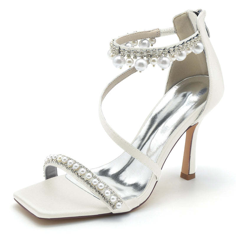 Bridal Shoes for Women with Peep Toe High Heel Crossed Straps Buckle and Pearl