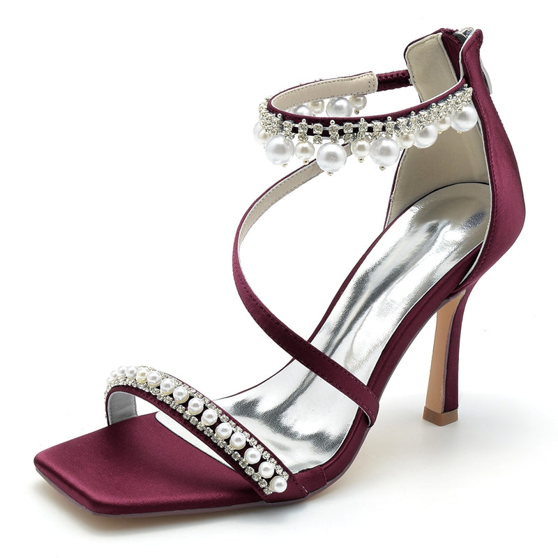 Bridal Shoes for Women with Peep Toe High Heel Crossed Straps Buckle and Pearl
