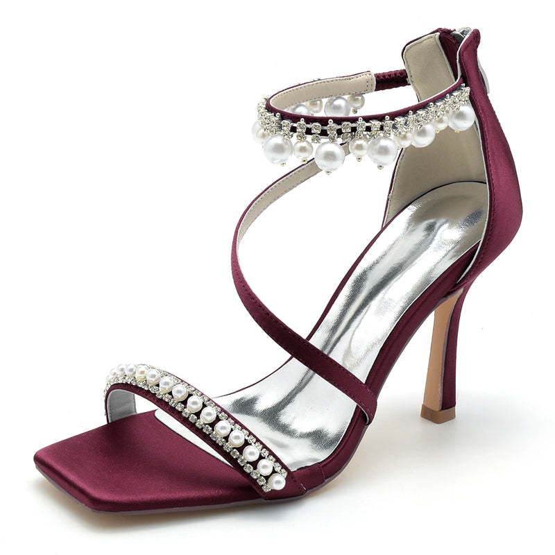 Bridal Shoes for Women with Peep Toe High Heel Crossed Straps Buckle and Pearl