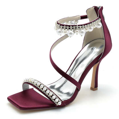 Bridal Shoes for Women with Peep Toe High Heel Crossed Straps Buckle and Pearl