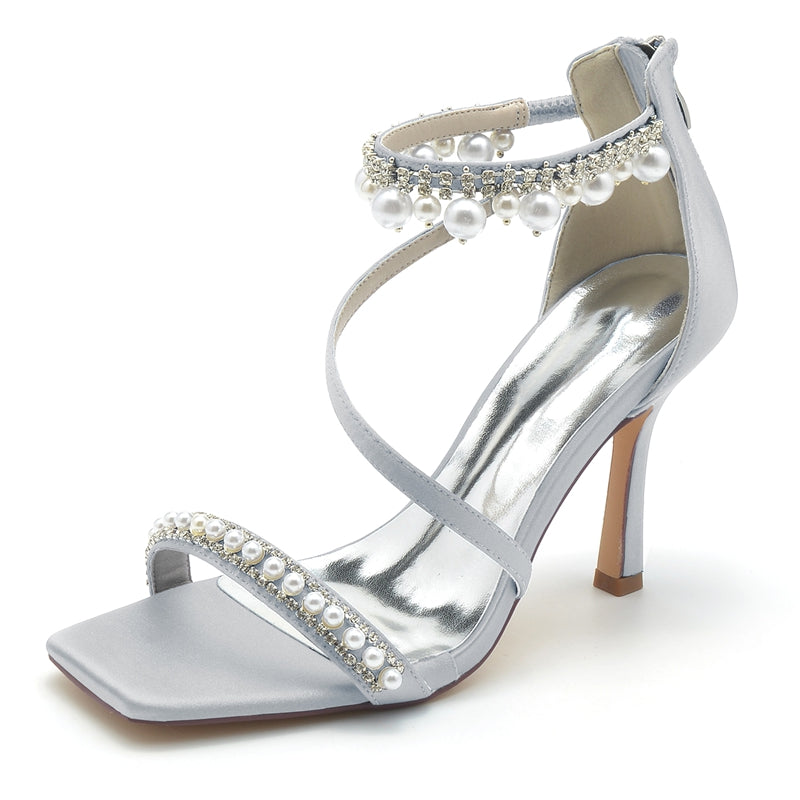 Bridal Shoes for Women with Peep Toe High Heel Crossed Straps Buckle and Pearl