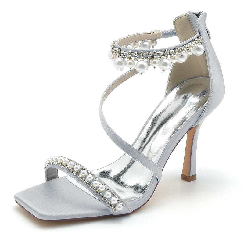 Bridal Shoes for Women with Peep Toe High Heel Crossed Straps Buckle and Pearl
