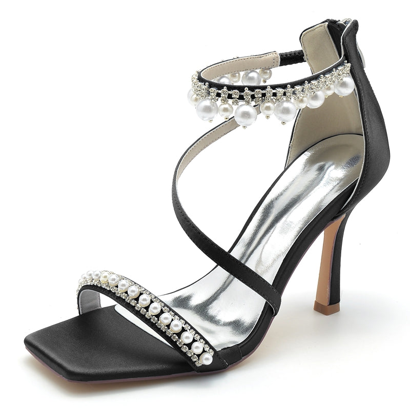 Bridal Shoes for Women with Peep Toe High Heel Crossed Straps Buckle and Pearl