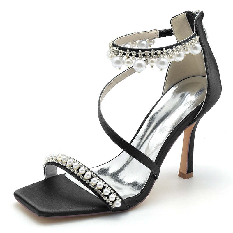 Bridal Shoes for Women with Peep Toe High Heel Crossed Straps Buckle and Pearl
