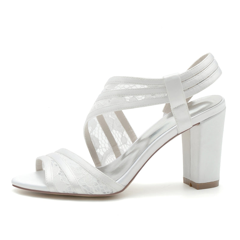 Elegant Open-Toe Bridal Shoes for Women with Chunky Heel and Crossed Lace Straps