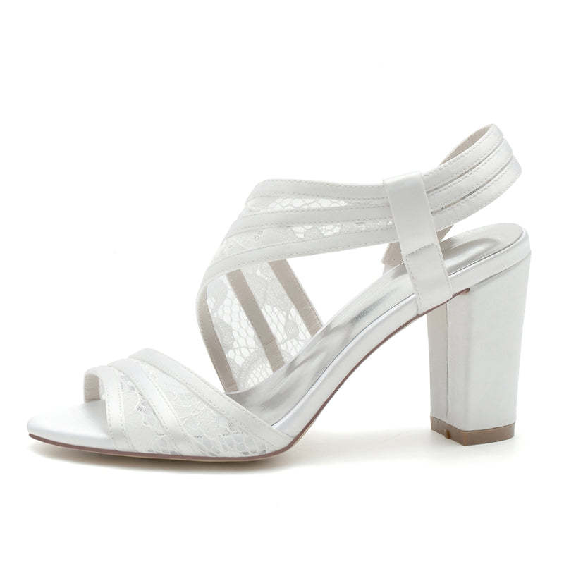 Elegant Open-Toe Bridal Shoes for Women with Chunky Heel and Crossed Lace Straps
