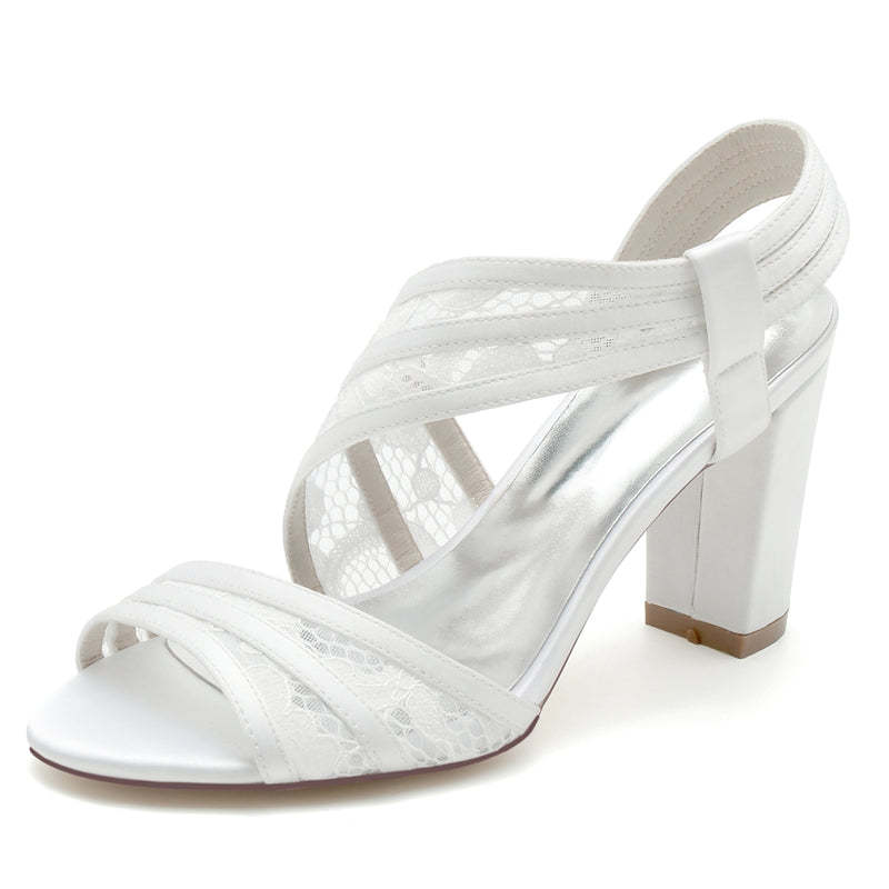 Elegant Open-Toe Bridal Shoes for Women with Chunky Heel and Crossed Lace Straps