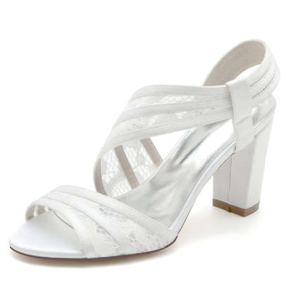 Elegant Open-Toe Bridal Shoes for Women with Chunky Heel and Crossed Lace Straps