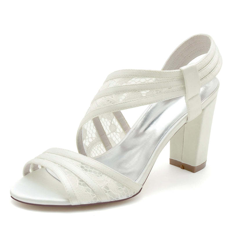 Elegant Open-Toe Bridal Shoes for Women with Chunky Heel and Crossed Lace Straps