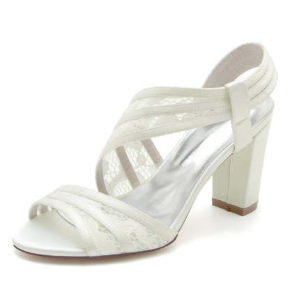 Elegant Open-Toe Bridal Shoes for Women with Chunky Heel and Crossed Lace Straps