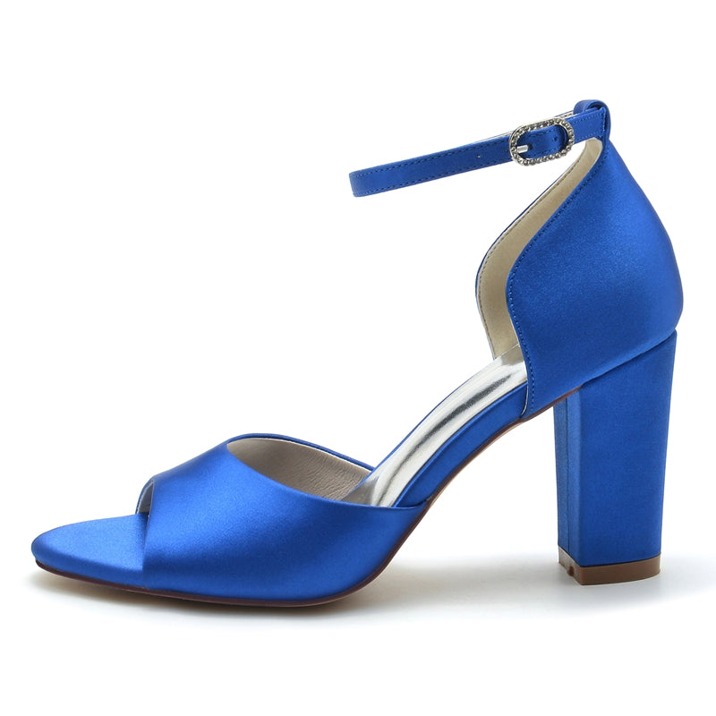 Royal Blue Open-Toe Bridal Shoes with Block Heel and Minimalist Buckle for Women