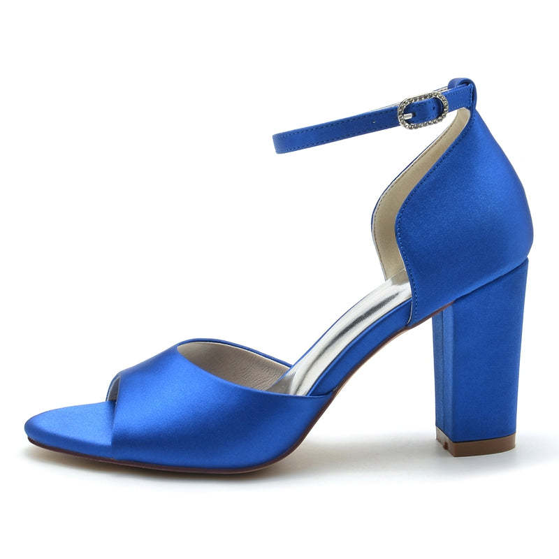 Royal Blue Open-Toe Bridal Shoes with Block Heel and Minimalist Buckle for Women