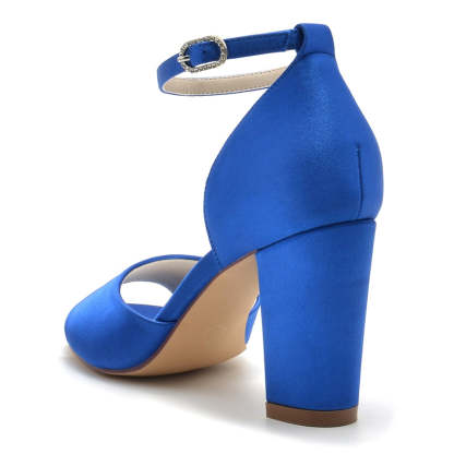 Royal Blue Open-Toe Bridal Shoes with Block Heel and Minimalist Buckle for Women
