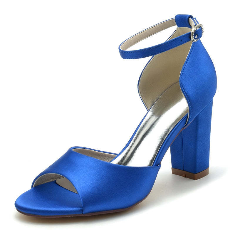 Royal Blue Open-Toe Bridal Shoes with Block Heel and Minimalist Buckle for Women