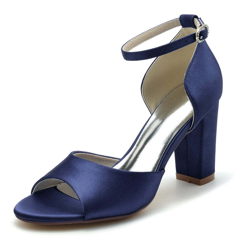 Royal Blue Open-Toe Bridal Shoes with Block Heel and Minimalist Buckle for Women