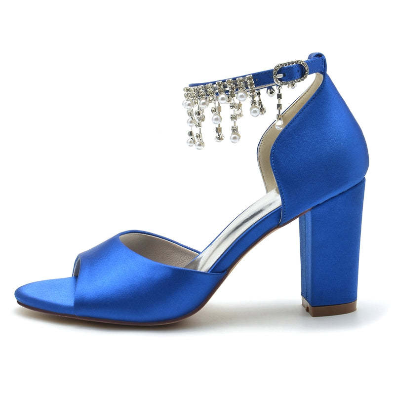 Elegant Peep Toe Bridal Shoes for Women with Chunky Heel Buckle and Pearl Tassel