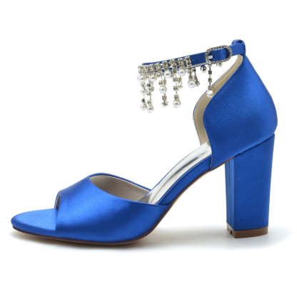 Elegant Peep Toe Bridal Shoes for Women with Chunky Heel Buckle and Pearl Tassel