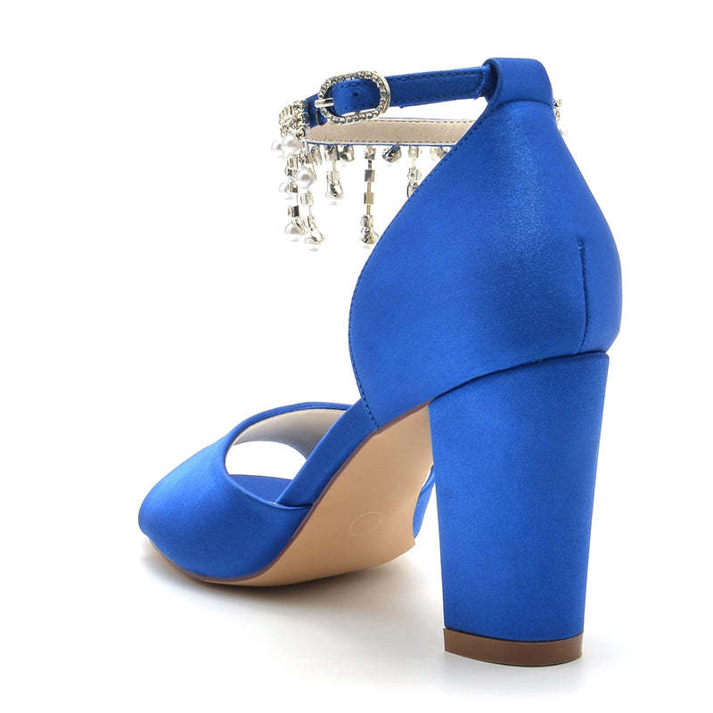 Elegant Peep Toe Bridal Shoes for Women with Chunky Heel Buckle and Pearl Tassel