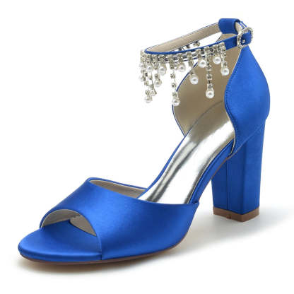 Elegant Peep Toe Bridal Shoes for Women with Chunky Heel Buckle and Pearl Tassel