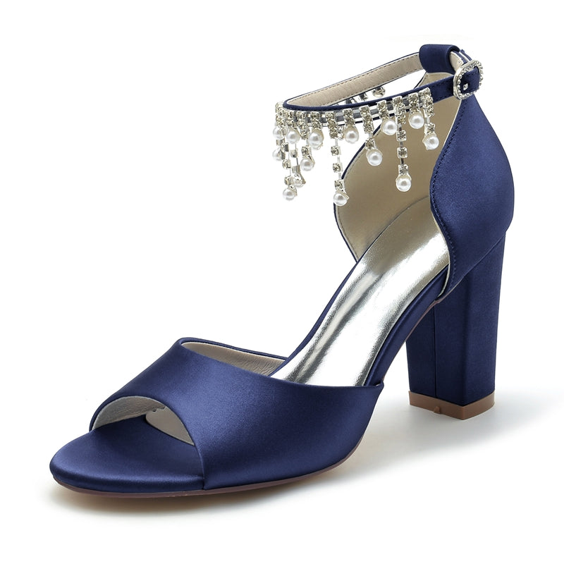 Elegant Peep Toe Bridal Shoes for Women with Chunky Heel Buckle and Pearl Tassel