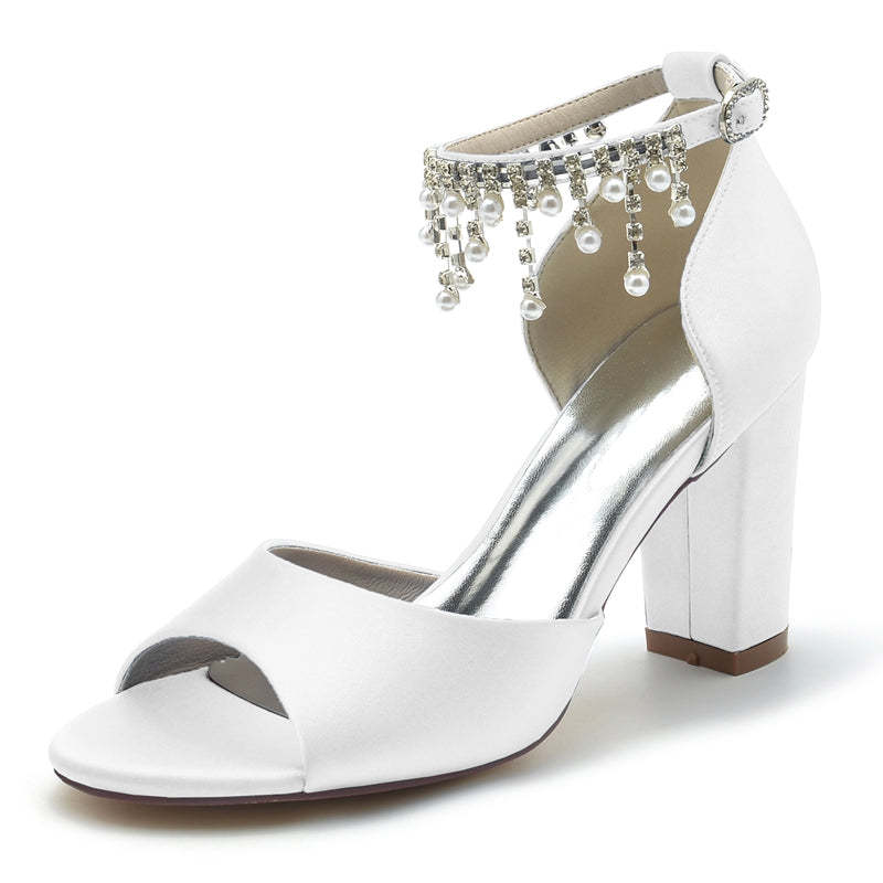 Elegant Peep Toe Bridal Shoes for Women with Chunky Heel Buckle and Pearl Tassel