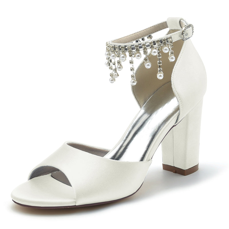 Elegant Peep Toe Bridal Shoes for Women with Chunky Heel Buckle and Pearl Tassel