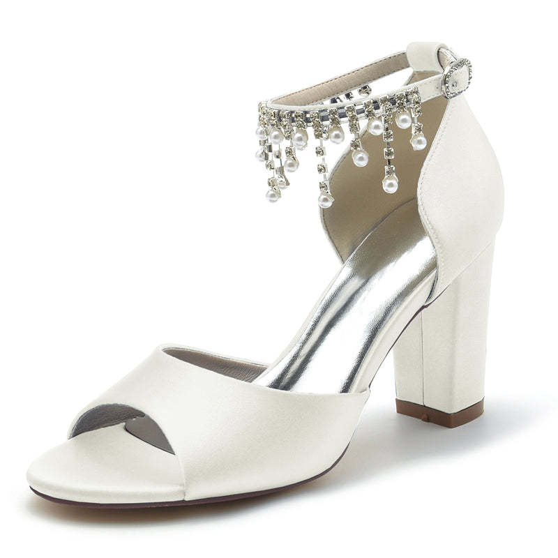 Elegant Peep Toe Bridal Shoes for Women with Chunky Heel Buckle and Pearl Tassel