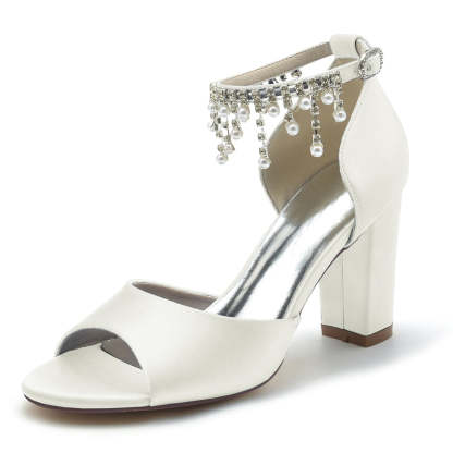 Elegant Peep Toe Bridal Shoes for Women with Chunky Heel Buckle and Pearl Tassel
