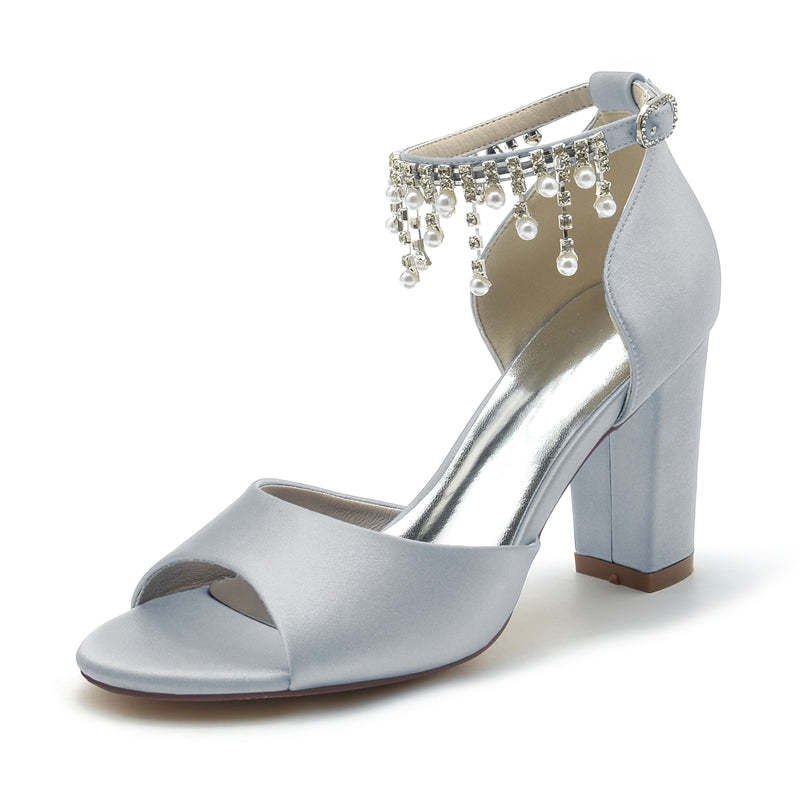 Elegant Peep Toe Bridal Shoes for Women with Chunky Heel Buckle and Pearl Tassel