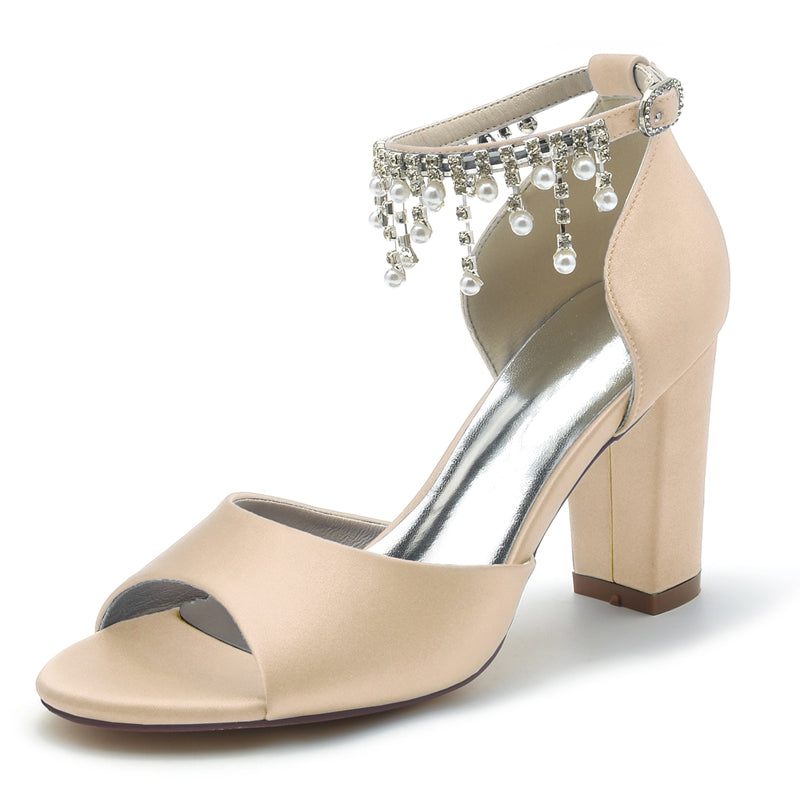 Elegant Peep Toe Bridal Shoes for Women with Chunky Heel Buckle and Pearl Tassel