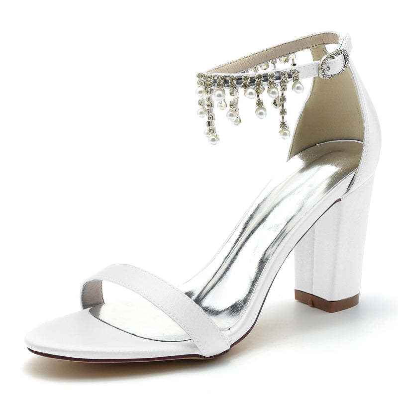 Elegant Pearl-Tassel Bridal Shoes for Women with Square Block Heel and Open Toe