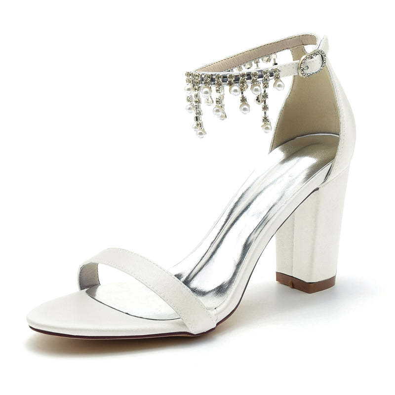 Elegant Pearl-Tassel Bridal Shoes for Women with Square Block Heel and Open Toe