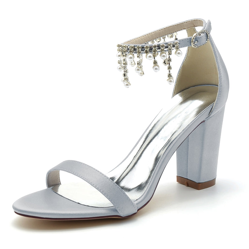 Elegant Pearl-Tassel Bridal Shoes for Women with Square Block Heel and Open Toe