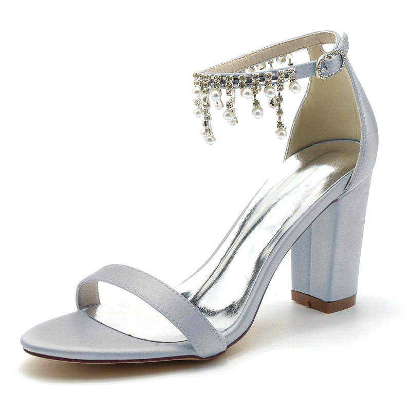 Elegant Pearl-Tassel Bridal Shoes for Women with Square Block Heel and Open Toe