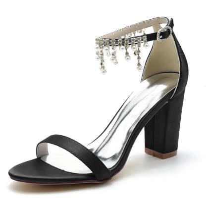 Elegant Pearl-Tassel Bridal Shoes for Women with Square Block Heel and Open Toe