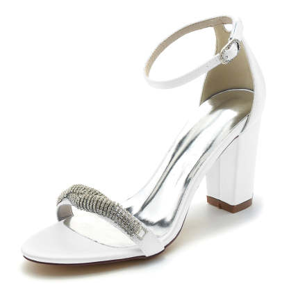 Chic Open-Toe Bridal Shoes with Block Heel and Mini Rhinestone Buckle
