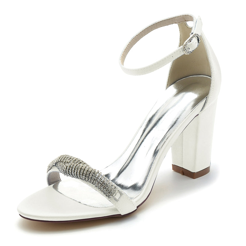 Chic Open-Toe Bridal Shoes with Block Heel and Mini Rhinestone Buckle