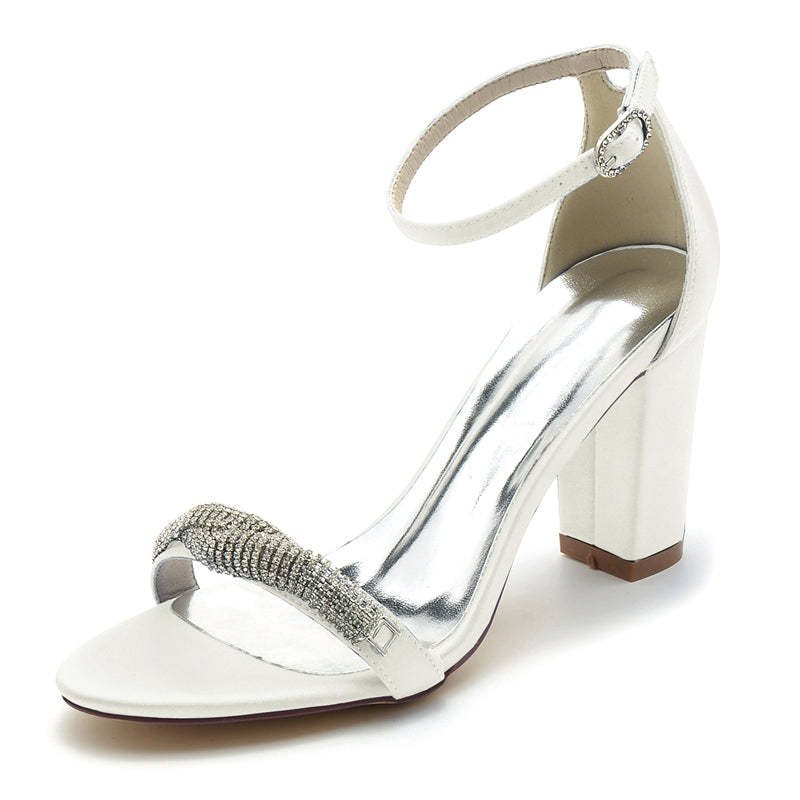 Chic Open-Toe Bridal Shoes with Block Heel and Mini Rhinestone Buckle