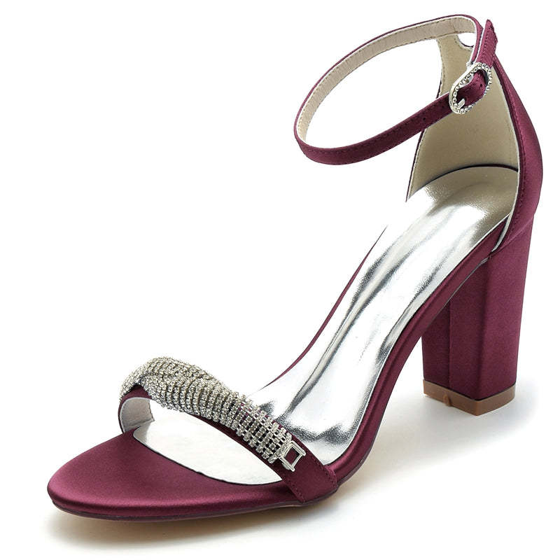 Chic Open-Toe Bridal Shoes with Block Heel and Mini Rhinestone Buckle