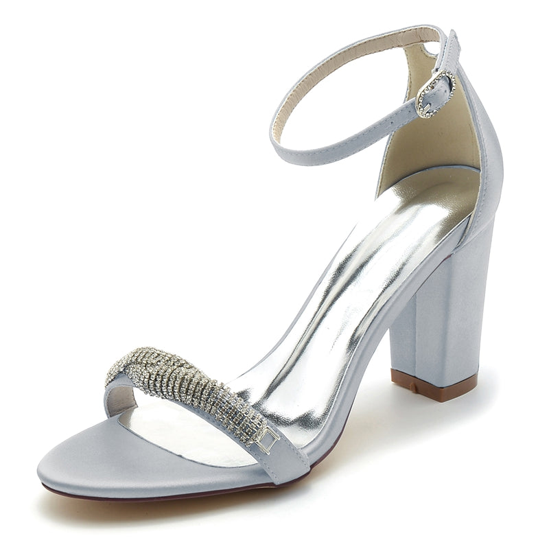 Chic Open-Toe Bridal Shoes with Block Heel and Mini Rhinestone Buckle